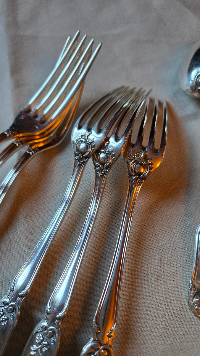 Suite Of 12 Solid Silver Entremets Cutlery Sets, Rocaille Pattern With Monogram, Hénin & Cie,-photo-3