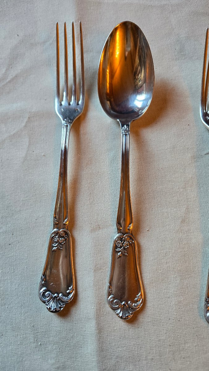 Suite Of 12 Solid Silver Entremets Cutlery Sets, Rocaille Pattern With Monogram, Hénin & Cie,-photo-4