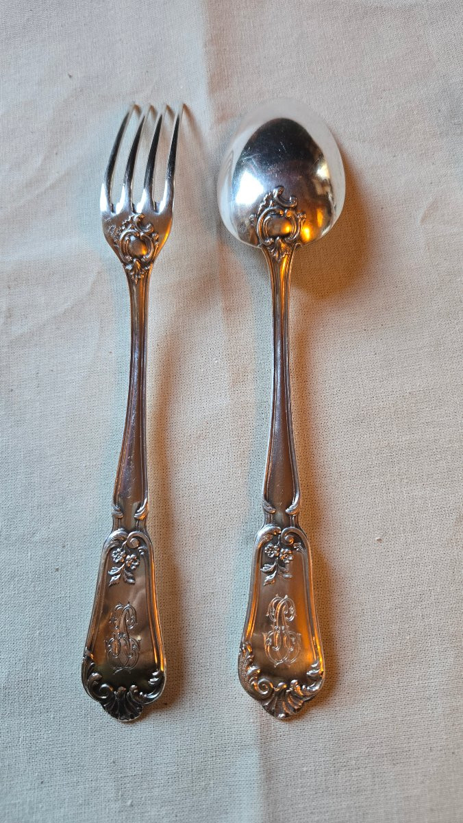 Suite Of 12 Solid Silver Entremets Cutlery Sets, Rocaille Pattern With Monogram, Hénin & Cie,-photo-5