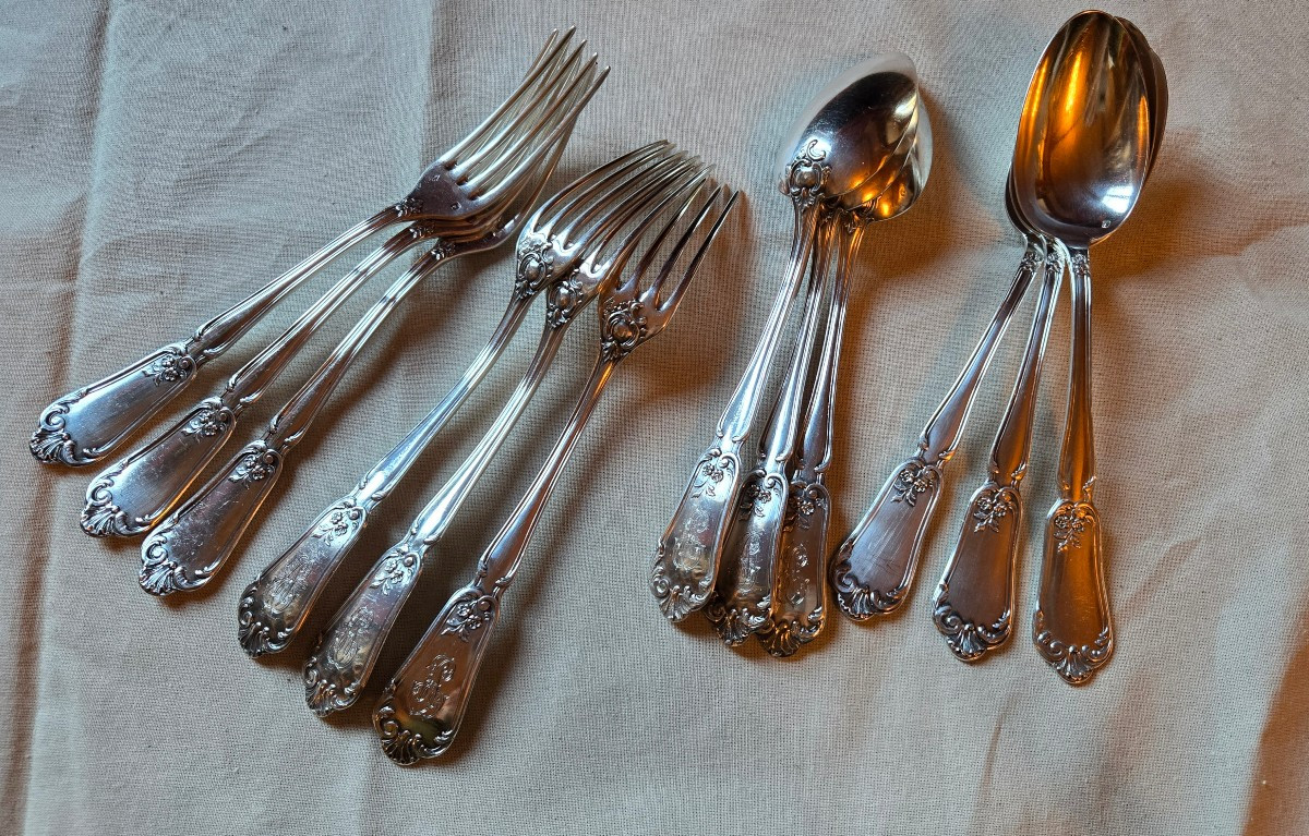 Suite Of 12 Solid Silver Entremets Cutlery Sets, Rocaille Pattern With Monogram, Hénin & Cie,