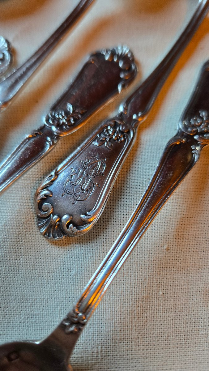 Suite Of 10 Solid Silver Spoons, Rocaille Model With Monogram, Hénin & Cie, 250 G-photo-1