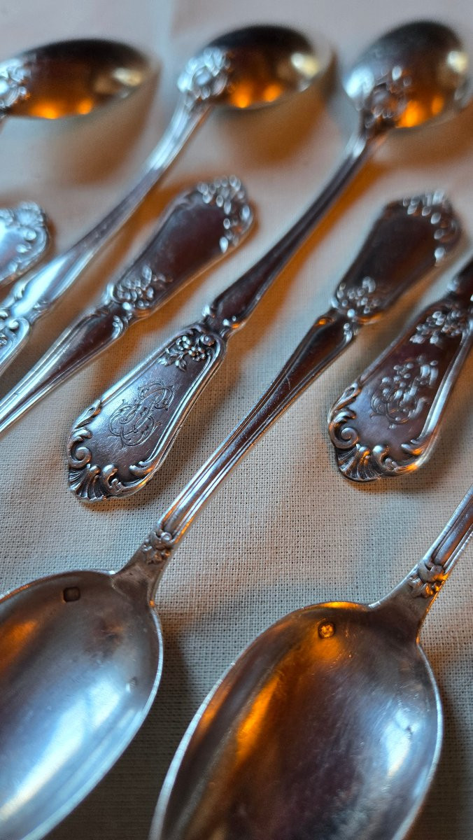 Suite Of 10 Solid Silver Spoons, Rocaille Model With Monogram, Hénin & Cie, 250 G-photo-2
