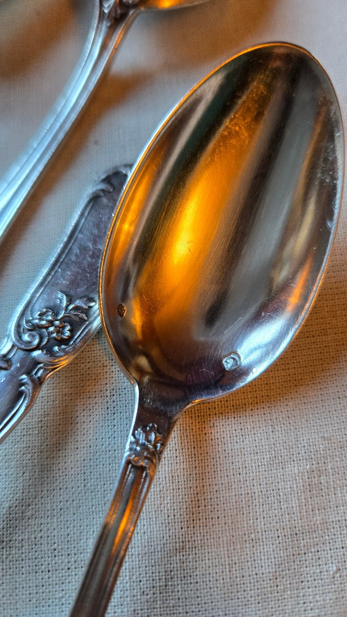 Suite Of 10 Solid Silver Spoons, Rocaille Model With Monogram, Hénin & Cie, 250 G-photo-3