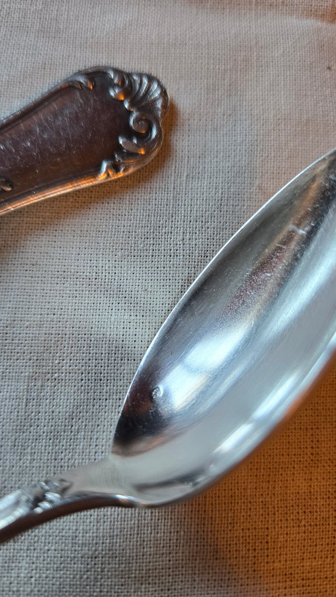 Suite Of 10 Solid Silver Spoons, Rocaille Model With Monogram, Hénin & Cie, 250 G-photo-4