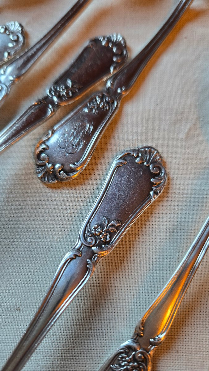 Suite Of 10 Solid Silver Spoons, Rocaille Model With Monogram, Hénin & Cie, 250 G-photo-5