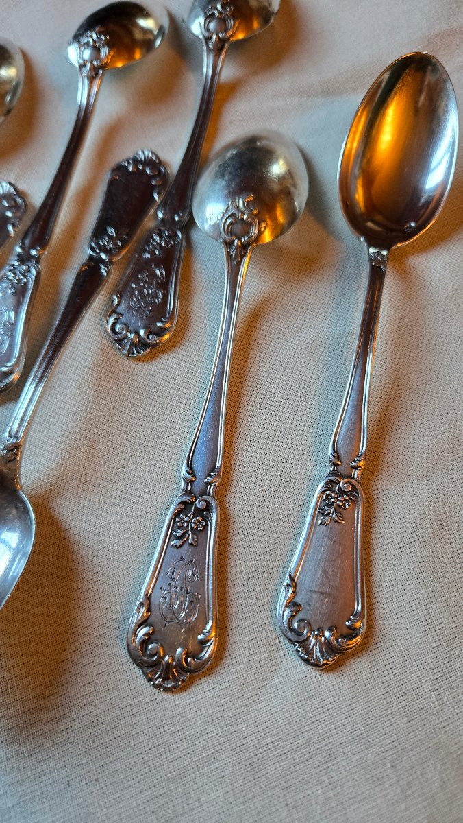 Suite Of 10 Solid Silver Spoons, Rocaille Model With Monogram, Hénin & Cie, 250 G-photo-6