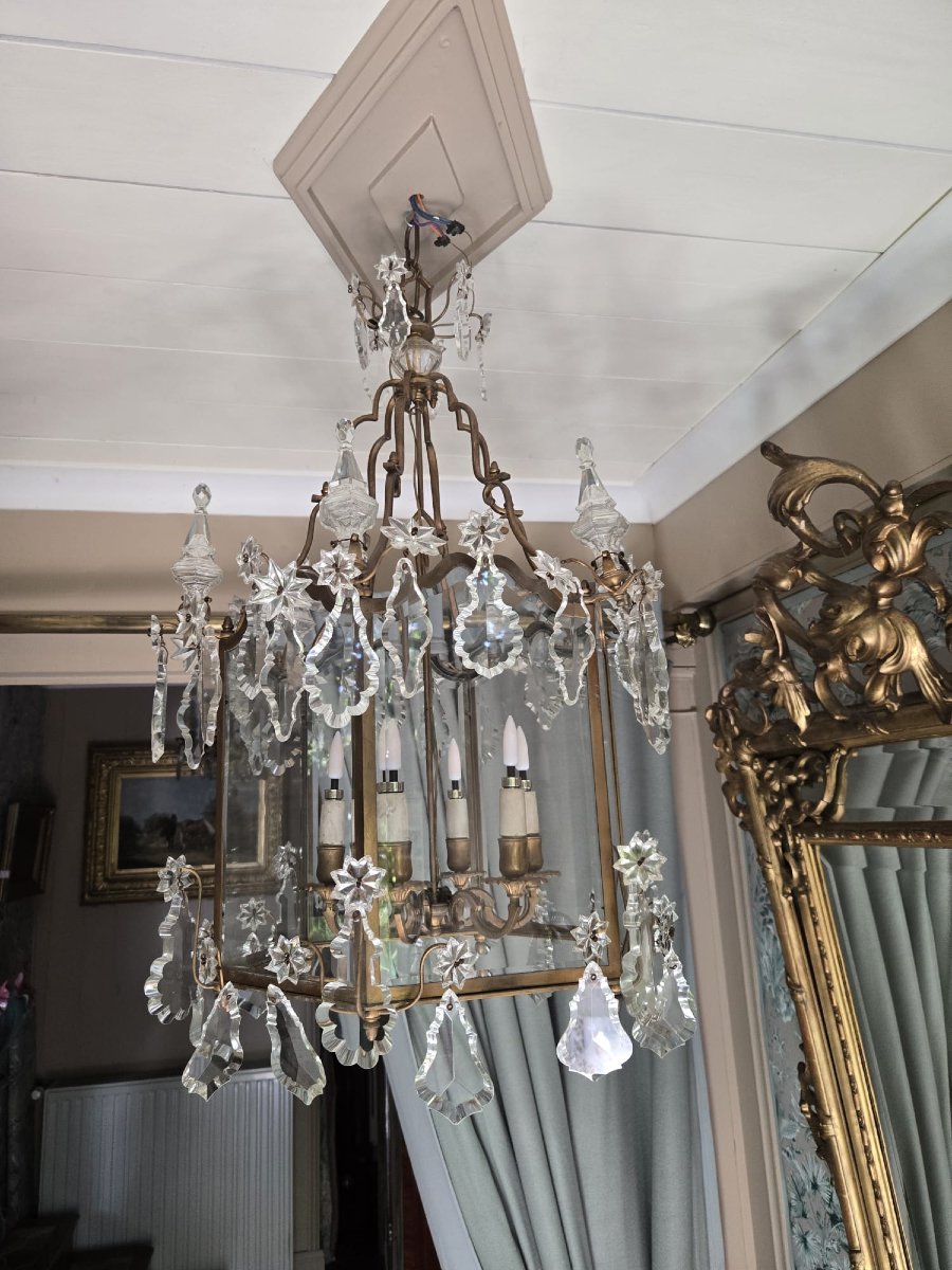 Lanterne de style Louis XV en bronze doré et cristal, vers 1900.-photo-2