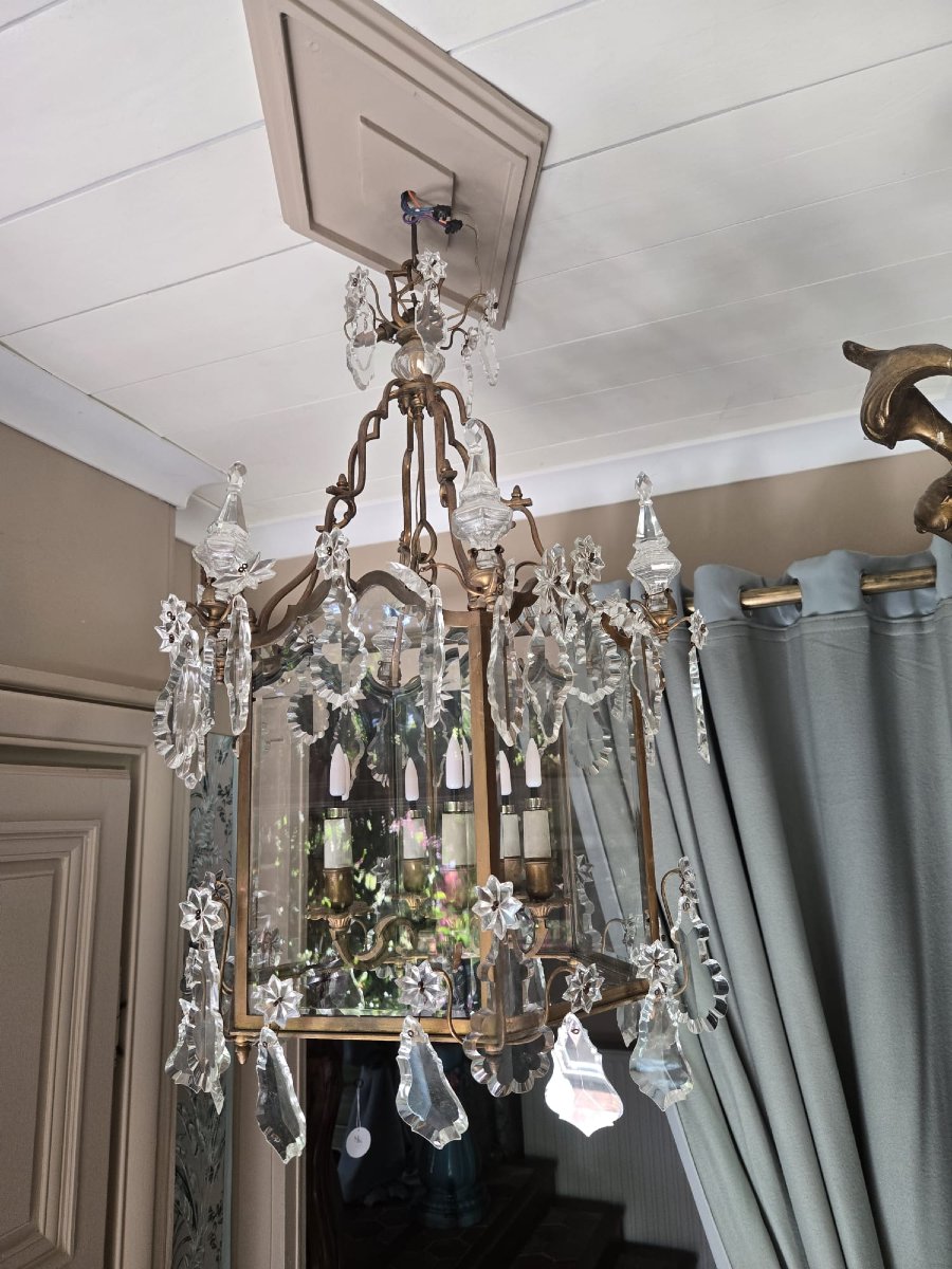 Lanterne de style Louis XV en bronze doré et cristal, vers 1900.-photo-3