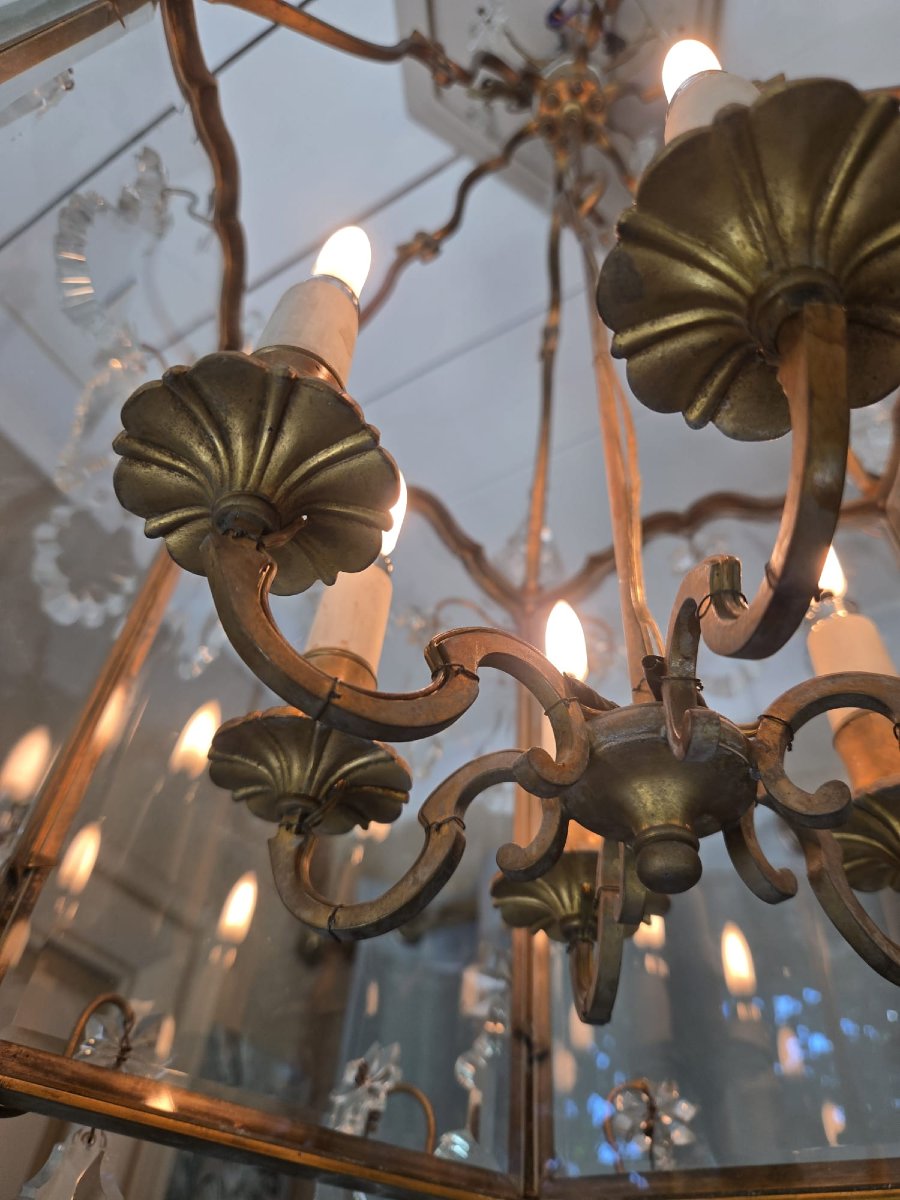 Lanterne de style Louis XV en bronze doré et cristal, vers 1900.-photo-1