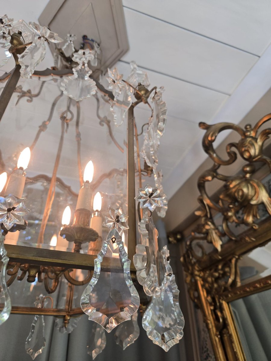 Lanterne de style Louis XV en bronze doré et cristal, vers 1900.-photo-3