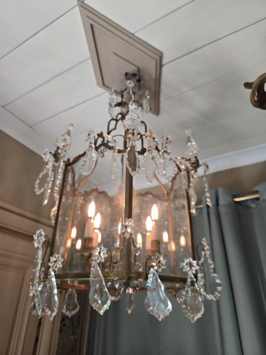 Lanterne de style Louis XV en bronze doré et cristal, vers 1900.-photo-8