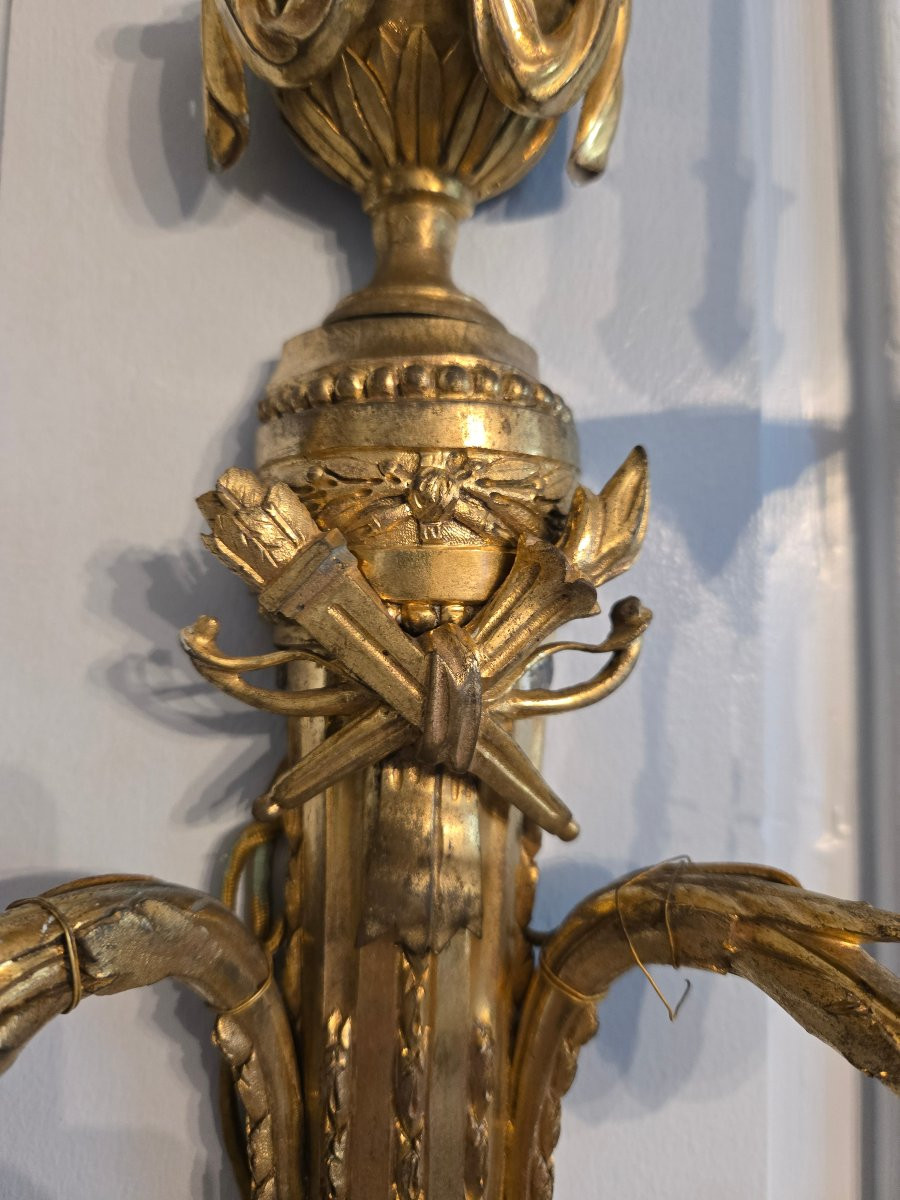 Pair Of Neoclassical Sconces With Attributes Of Love, In Gilt Bronze, Louis XVI Period.   -photo-1
