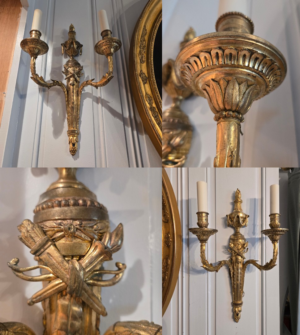Pair Of Neoclassical Sconces With Attributes Of Love, In Gilt Bronze, Louis XVI Period.   