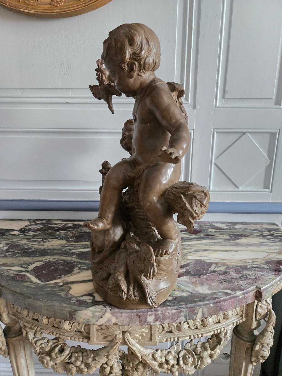 Allégorie de la chasse en terre cuite patinée, signée Le Brun, travail du XIXe siècle -photo-1
