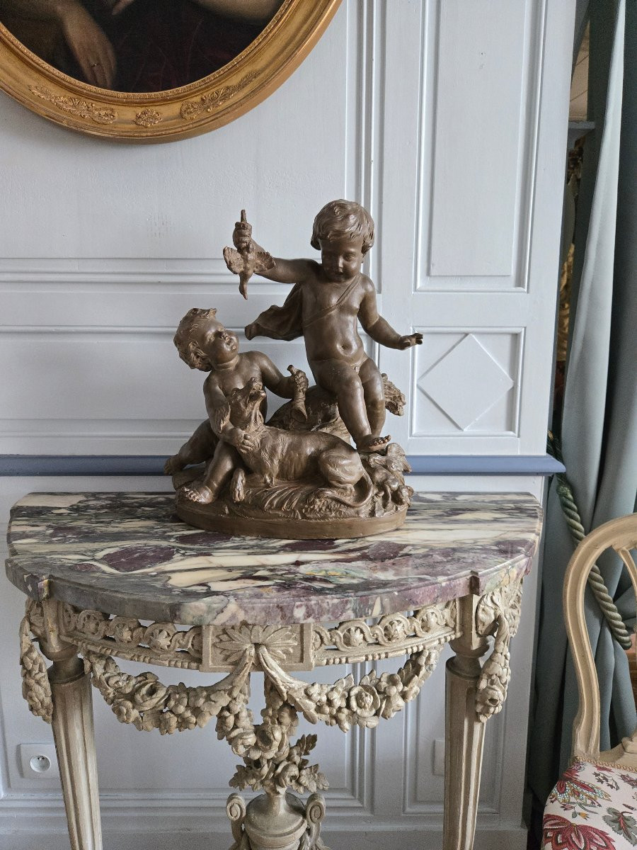Allégorie de la chasse en terre cuite patinée, signée Le Brun, travail du XIXe siècle -photo-6