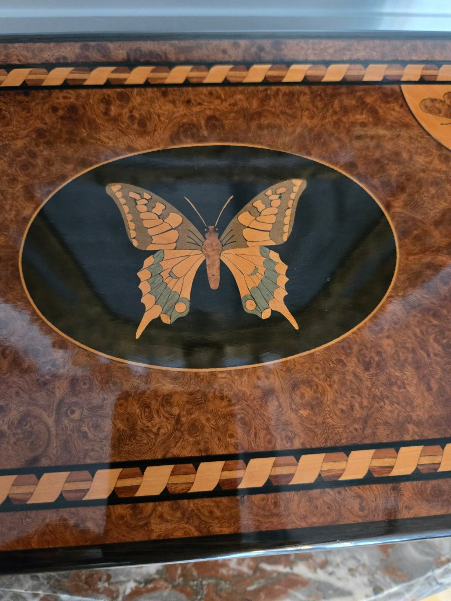 Coffret à bijoux en marqueterie, décor de papillons, vers 1900.   -photo-4