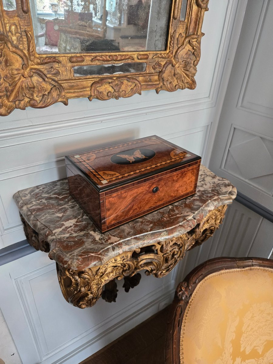 Coffret à bijoux en marqueterie, décor de papillons, vers 1900.   -photo-2