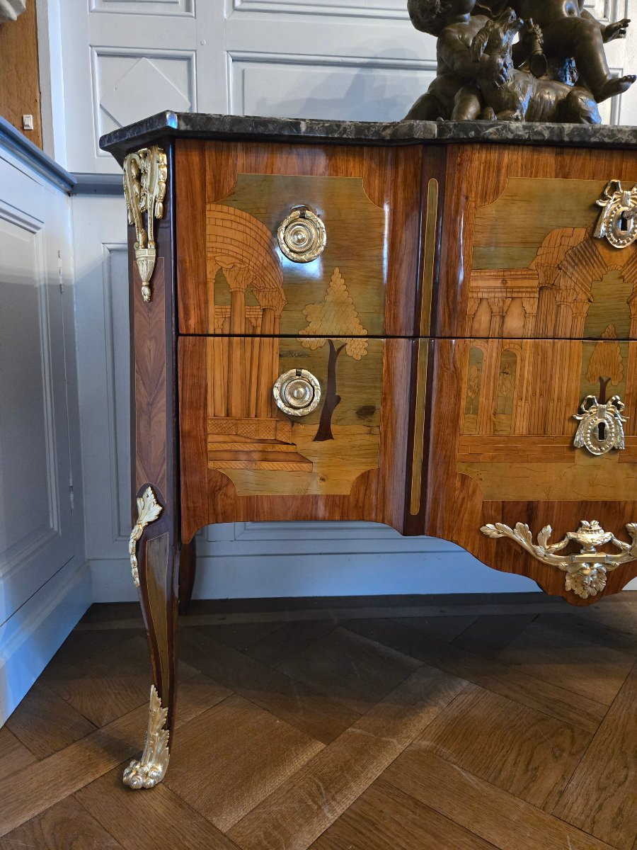 Greek-style Chest Of Drawers In Marquetry Of Landscapes And Ruins, Stamped A.l. Gilbert, Paris-photo-2