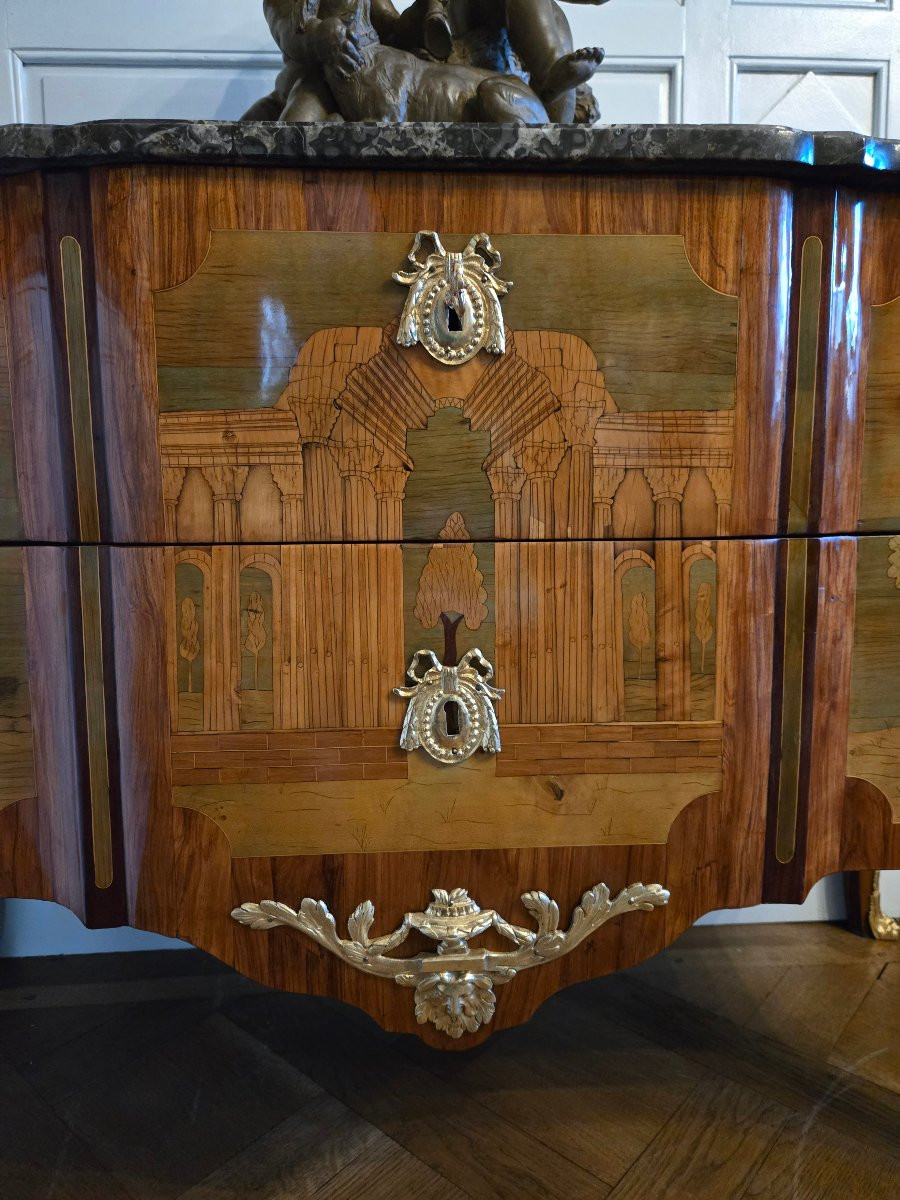 Greek-style Chest Of Drawers In Marquetry Of Landscapes And Ruins, Stamped A.l. Gilbert, Paris-photo-3