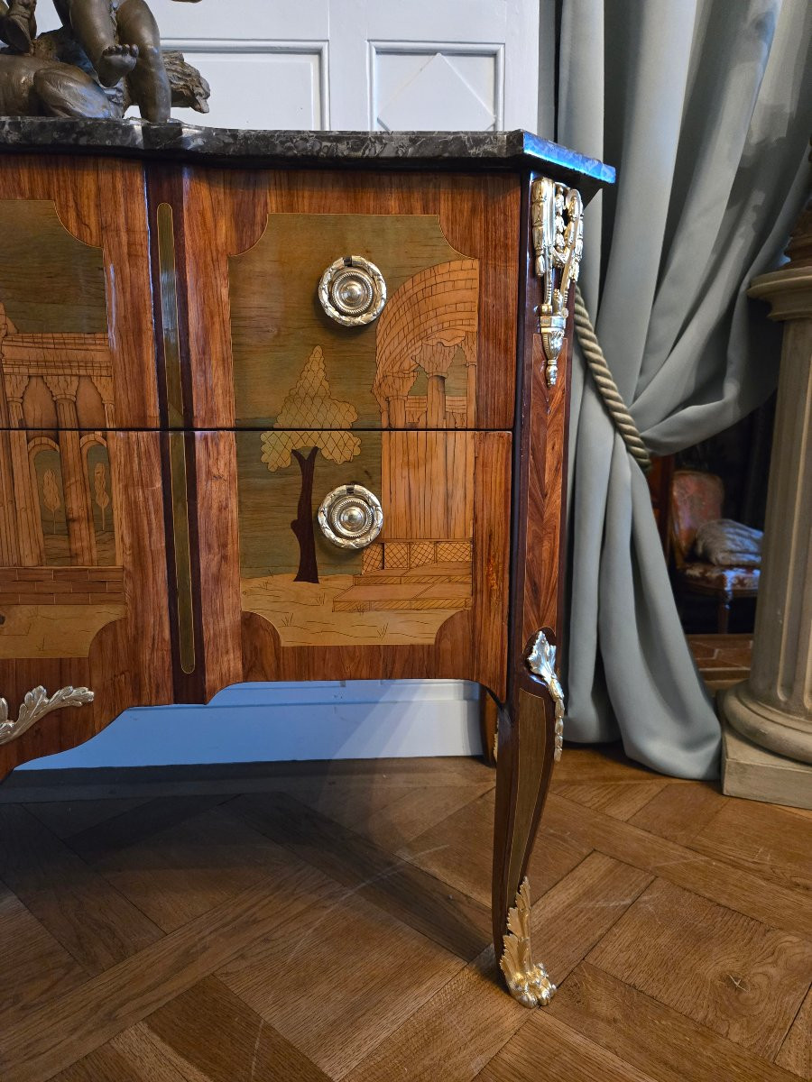 Greek-style Chest Of Drawers In Marquetry Of Landscapes And Ruins, Stamped A.l. Gilbert, Paris-photo-4