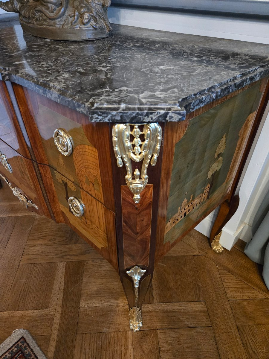 Greek-style Chest Of Drawers In Marquetry Of Landscapes And Ruins, Stamped A.l. Gilbert, Paris-photo-1