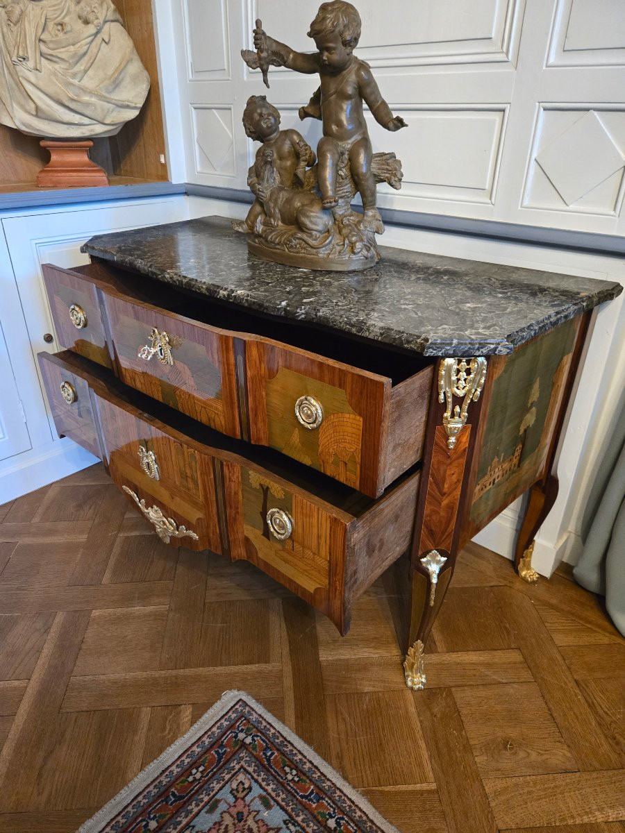 Greek-style Chest Of Drawers In Marquetry Of Landscapes And Ruins, Stamped A.l. Gilbert, Paris-photo-3