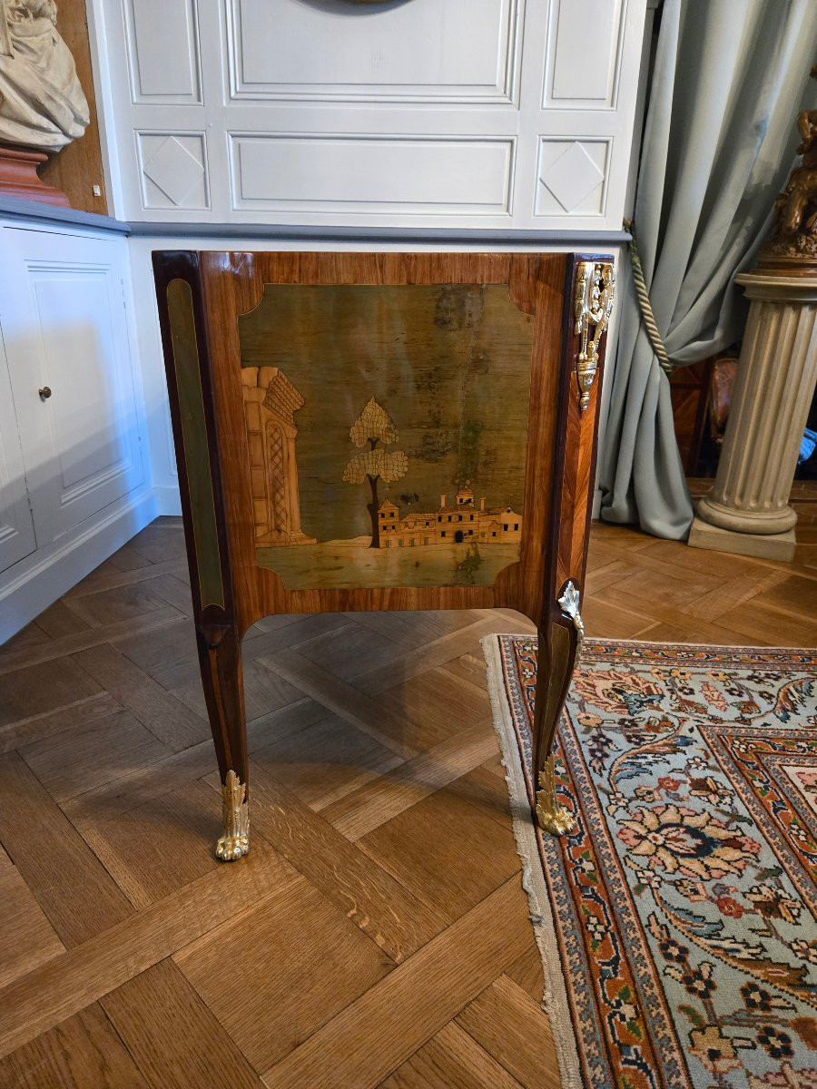 Greek-style Chest Of Drawers In Marquetry Of Landscapes And Ruins, Stamped A.l. Gilbert, Paris-photo-4