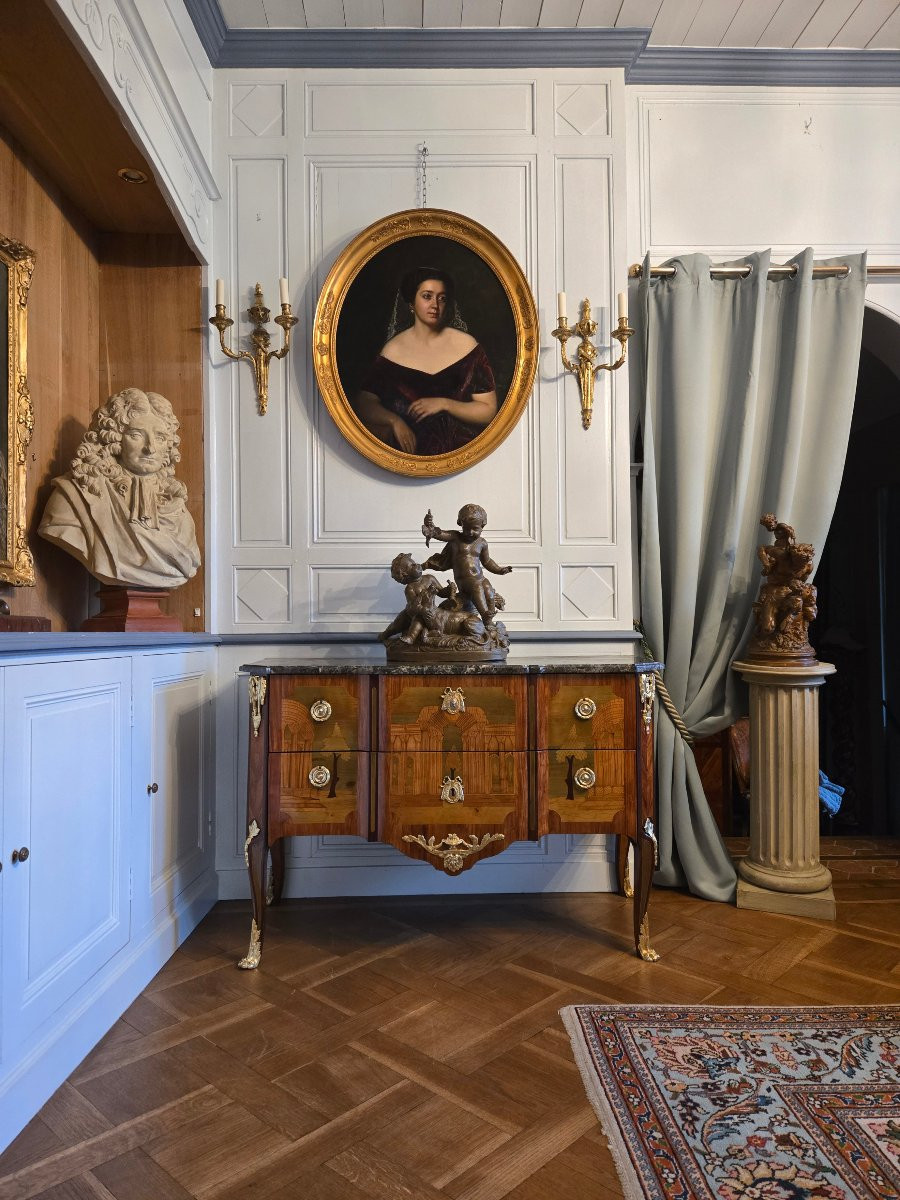 Greek-style Chest Of Drawers In Marquetry Of Landscapes And Ruins, Stamped A.l. Gilbert, Paris-photo-8