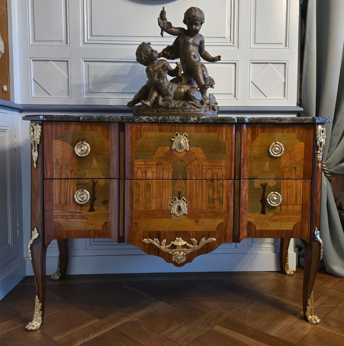 Greek-style Chest Of Drawers In Marquetry Of Landscapes And Ruins, Stamped A.l. Gilbert, Paris