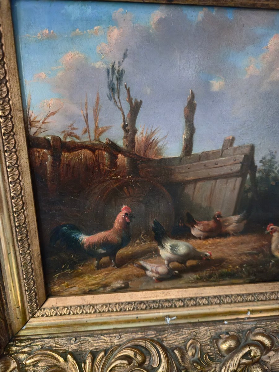 Farmyard Scene, 19th Century Belgian School, Oil On Mahogany Panel.-photo-4