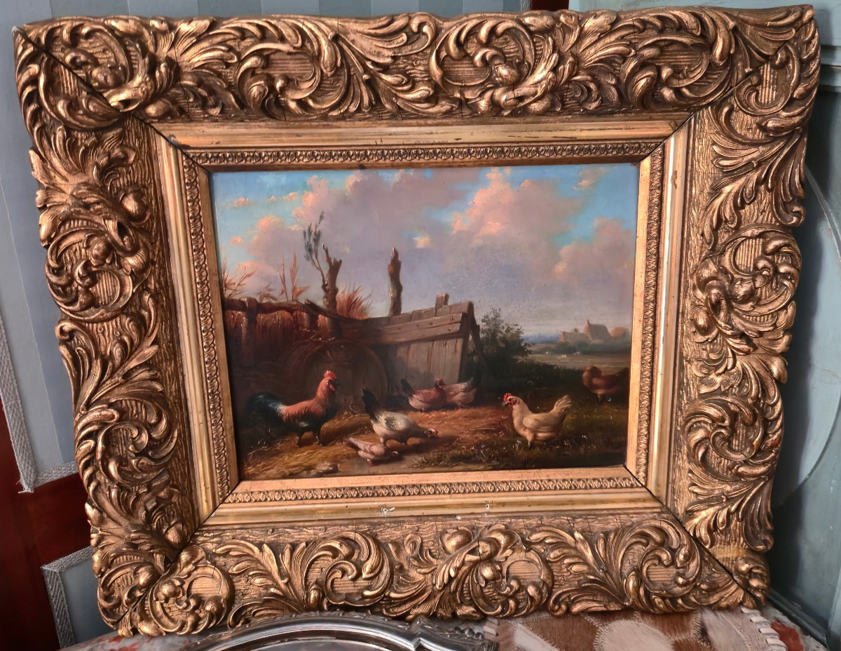 Farmyard Scene, 19th Century Belgian School, Oil On Mahogany Panel.