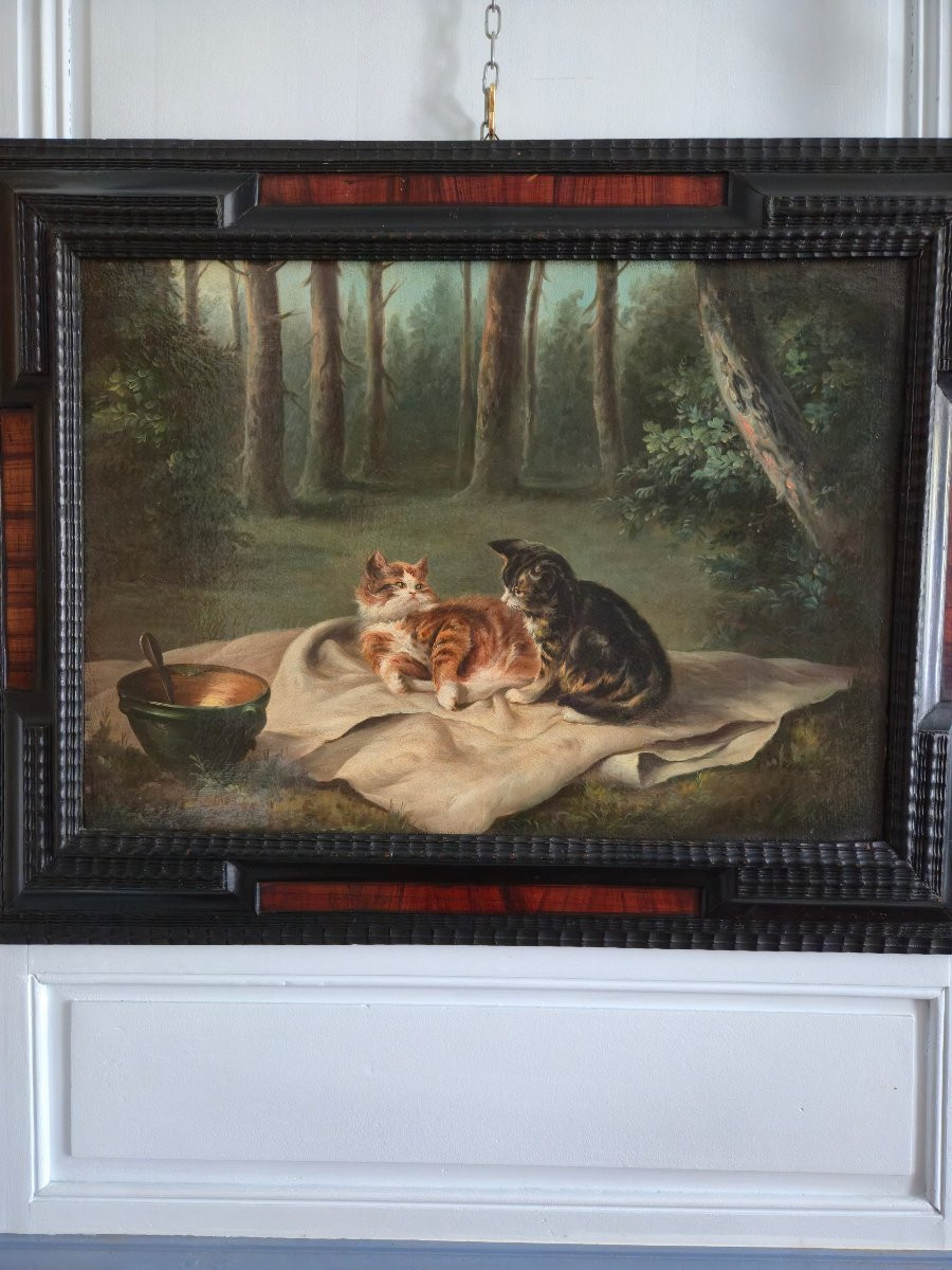 Scène De Chats Dans Un Sous-bois, Oil On Canvas, 19th Century.-photo-2