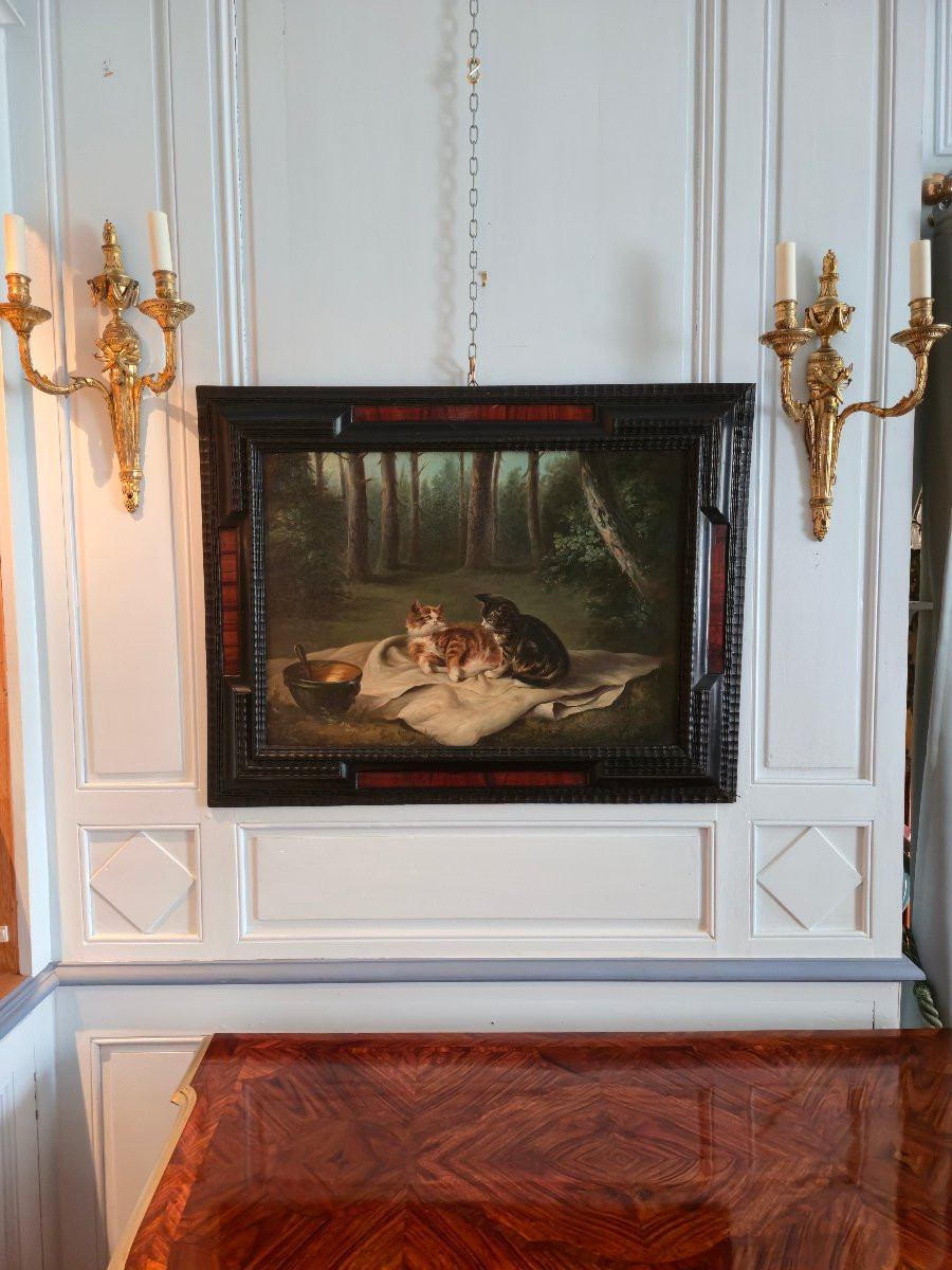 Scène De Chats Dans Un Sous-bois, Oil On Canvas, 19th Century.-photo-3
