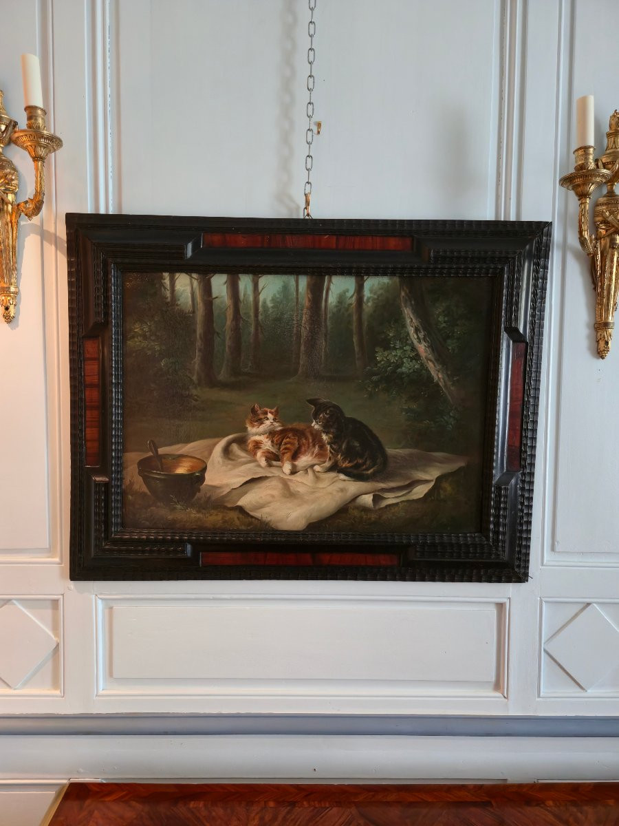 Scène De Chats Dans Un Sous-bois, Oil On Canvas, 19th Century.-photo-6