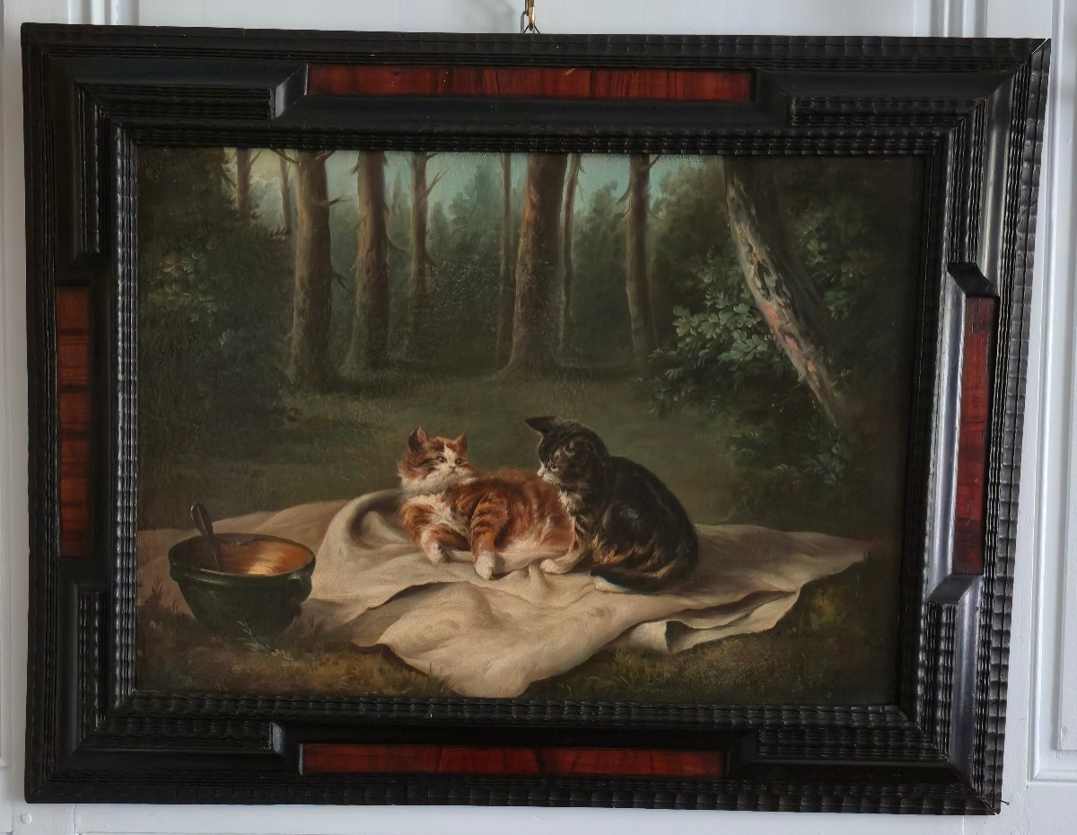 Scène De Chats Dans Un Sous-bois, Oil On Canvas, 19th Century.