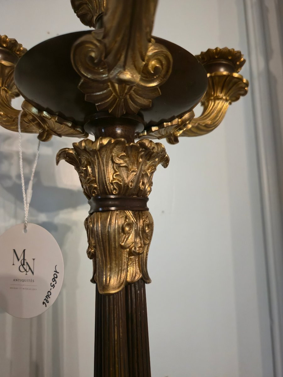 Pair Of Patinated And Gilt Bronze Candelabras, French Restauration Period.-photo-1