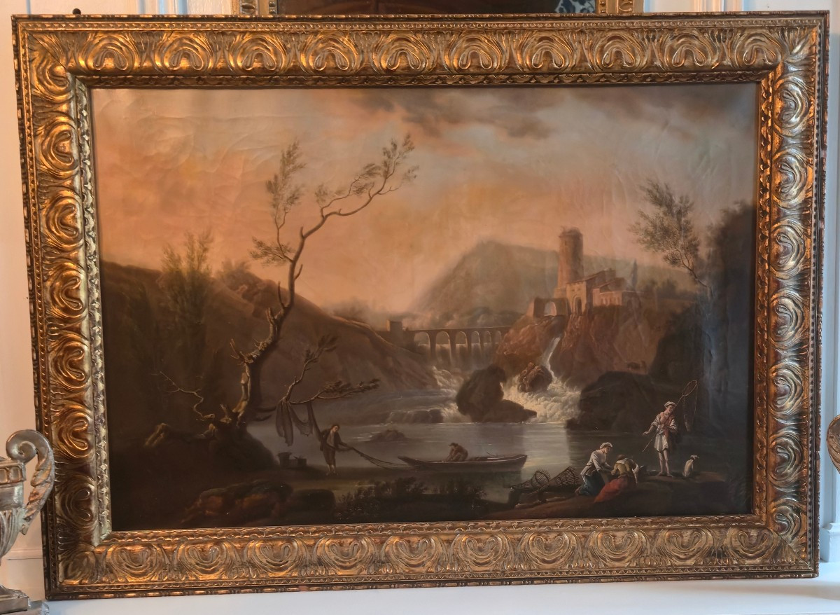 Animated Landscape With Fishermen In A Setting Of Torrent And Ruins In The Style Of C.j. Vernet.