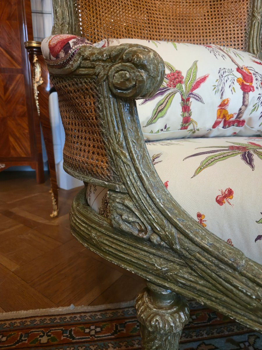 Chaise longue méridienne cannée de style Louis XVI, fin du XIXe siècle.  -photo-3