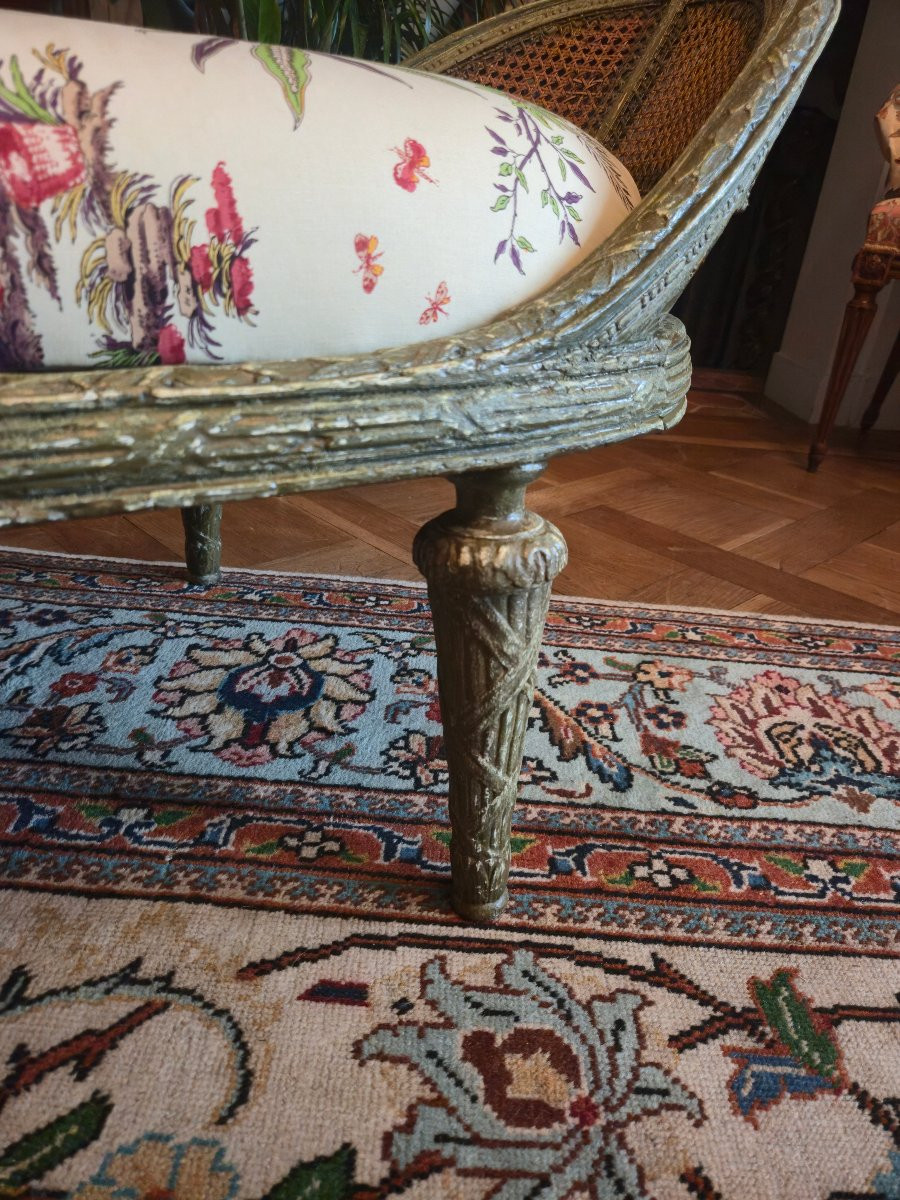 Chaise longue méridienne cannée de style Louis XVI, fin du XIXe siècle.  -photo-2