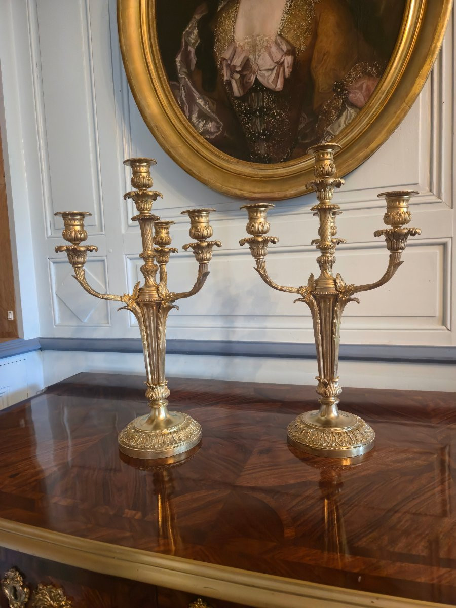 Paire de candélabres en bronze doré de style Louis XVI, travail néoclassique français vers 1900-photo-5