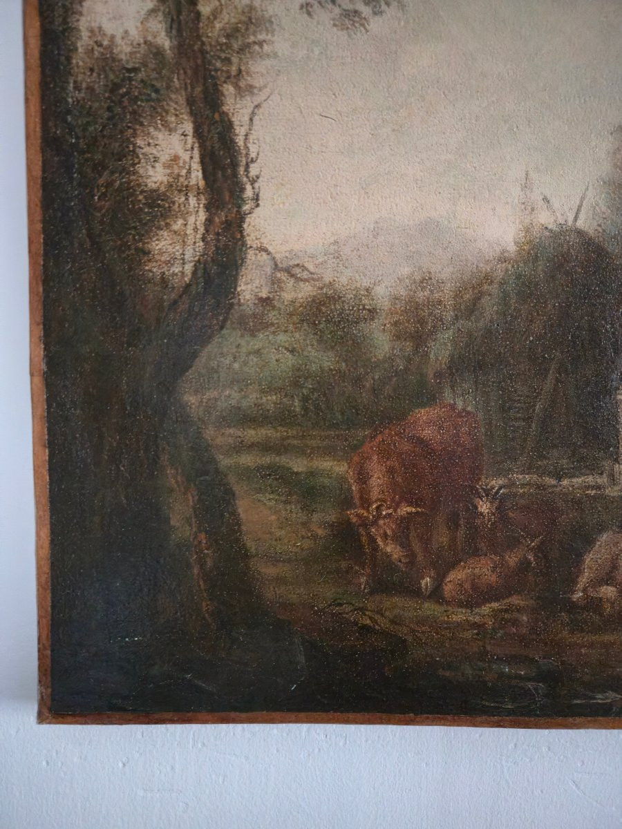 Huile sur toile du XVIIIe siècle représentant un paysage de ruines, dlg Hubert Robert-photo-2