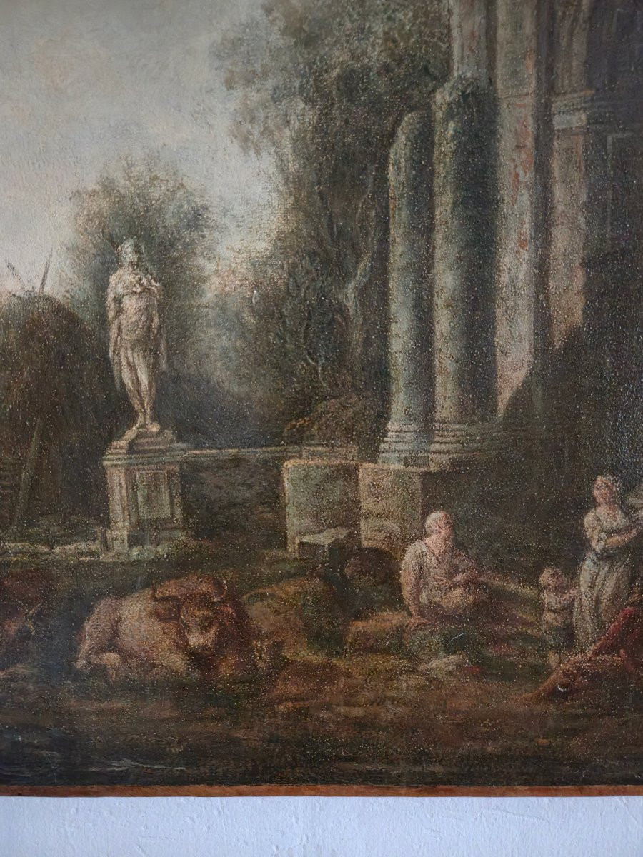 Huile sur toile du XVIIIe siècle représentant un paysage de ruines, dlg Hubert Robert-photo-3