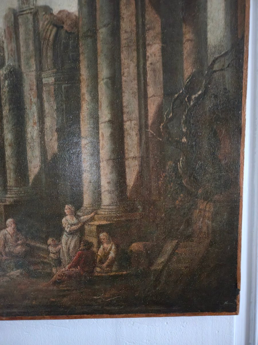 Huile sur toile du XVIIIe siècle représentant un paysage de ruines, dlg Hubert Robert-photo-4