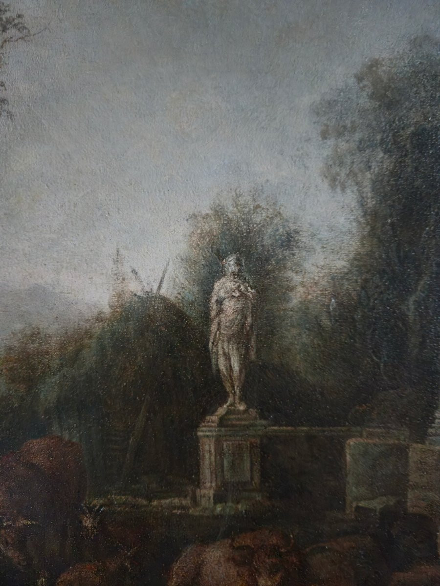 Huile sur toile du XVIIIe siècle représentant un paysage de ruines, dlg Hubert Robert-photo-1