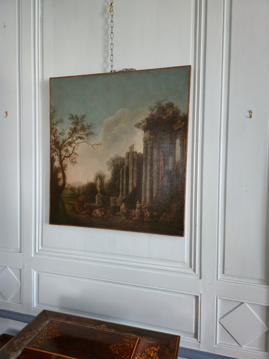 Huile sur toile du XVIIIe siècle représentant un paysage de ruines, dlg Hubert Robert-photo-2