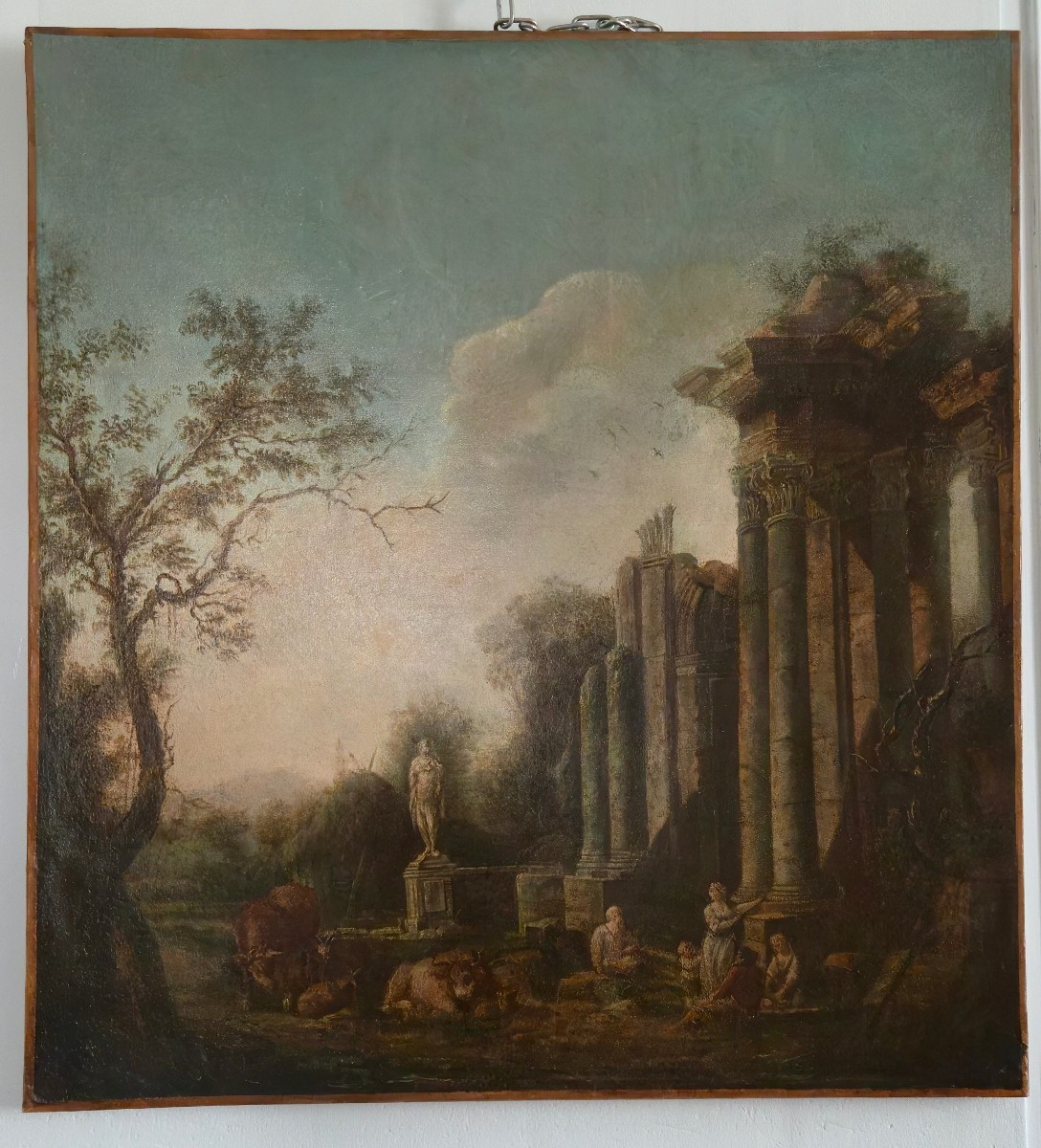 Huile sur toile du XVIIIe siècle représentant un paysage de ruines, dlg Hubert Robert