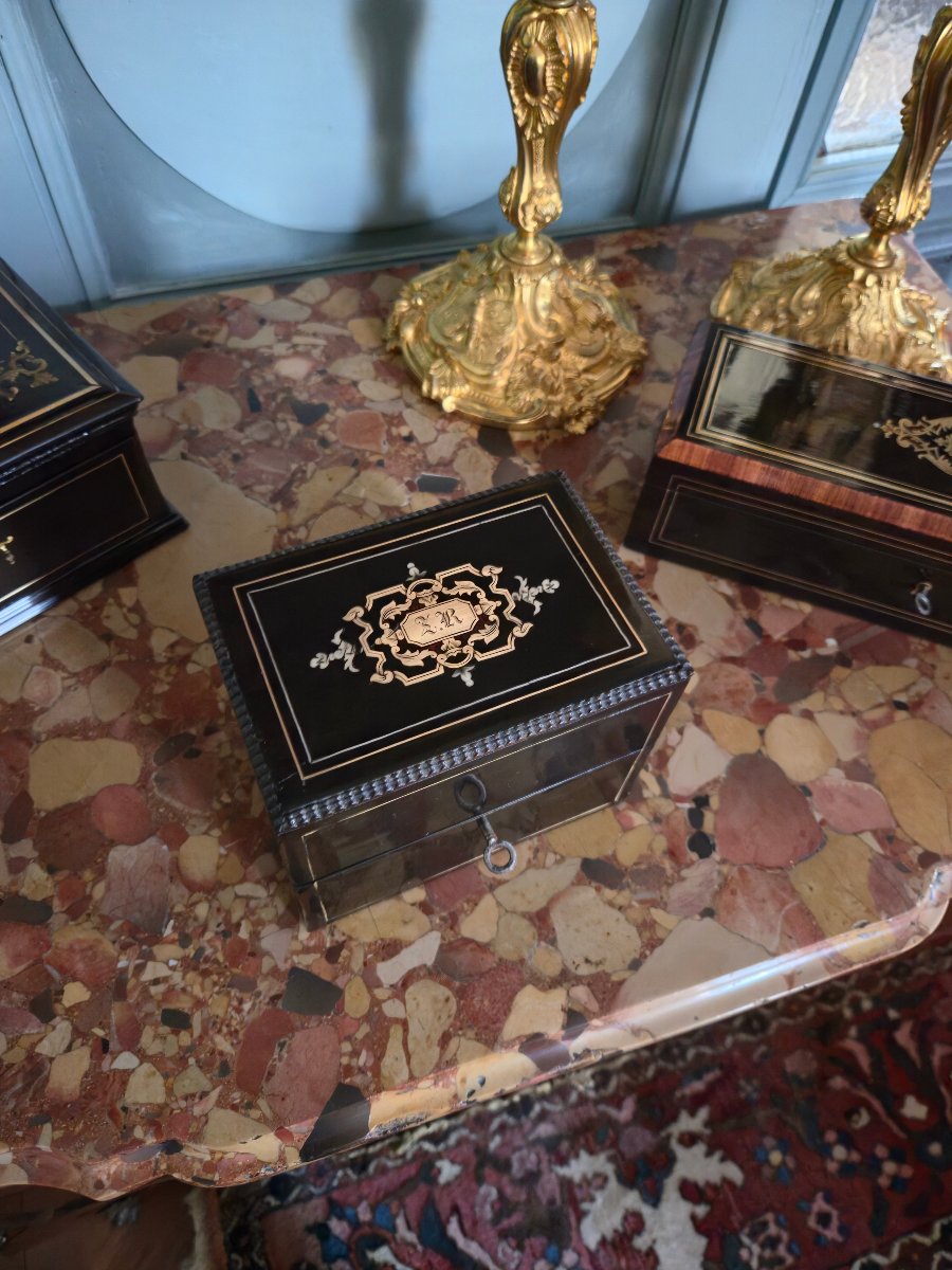 Napoleon III Period Box In Blackened Wood With Porcelain Bottles.  -photo-6