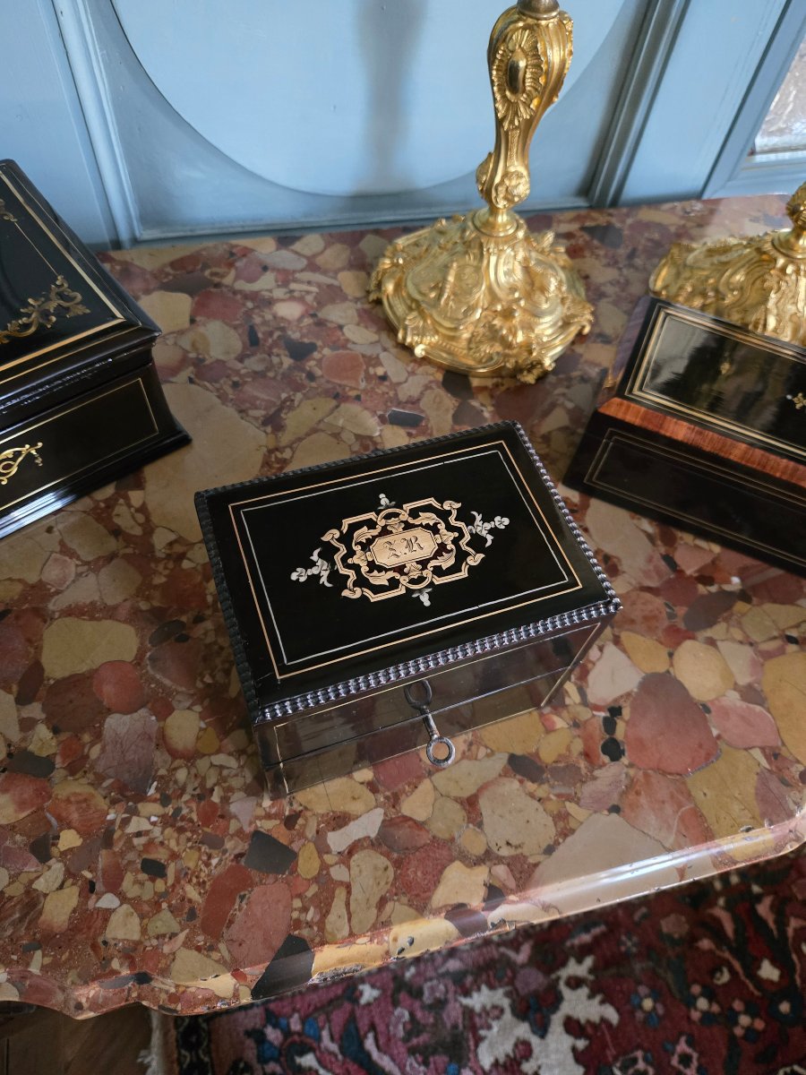Napoleon III Period Box In Blackened Wood With Porcelain Bottles.  