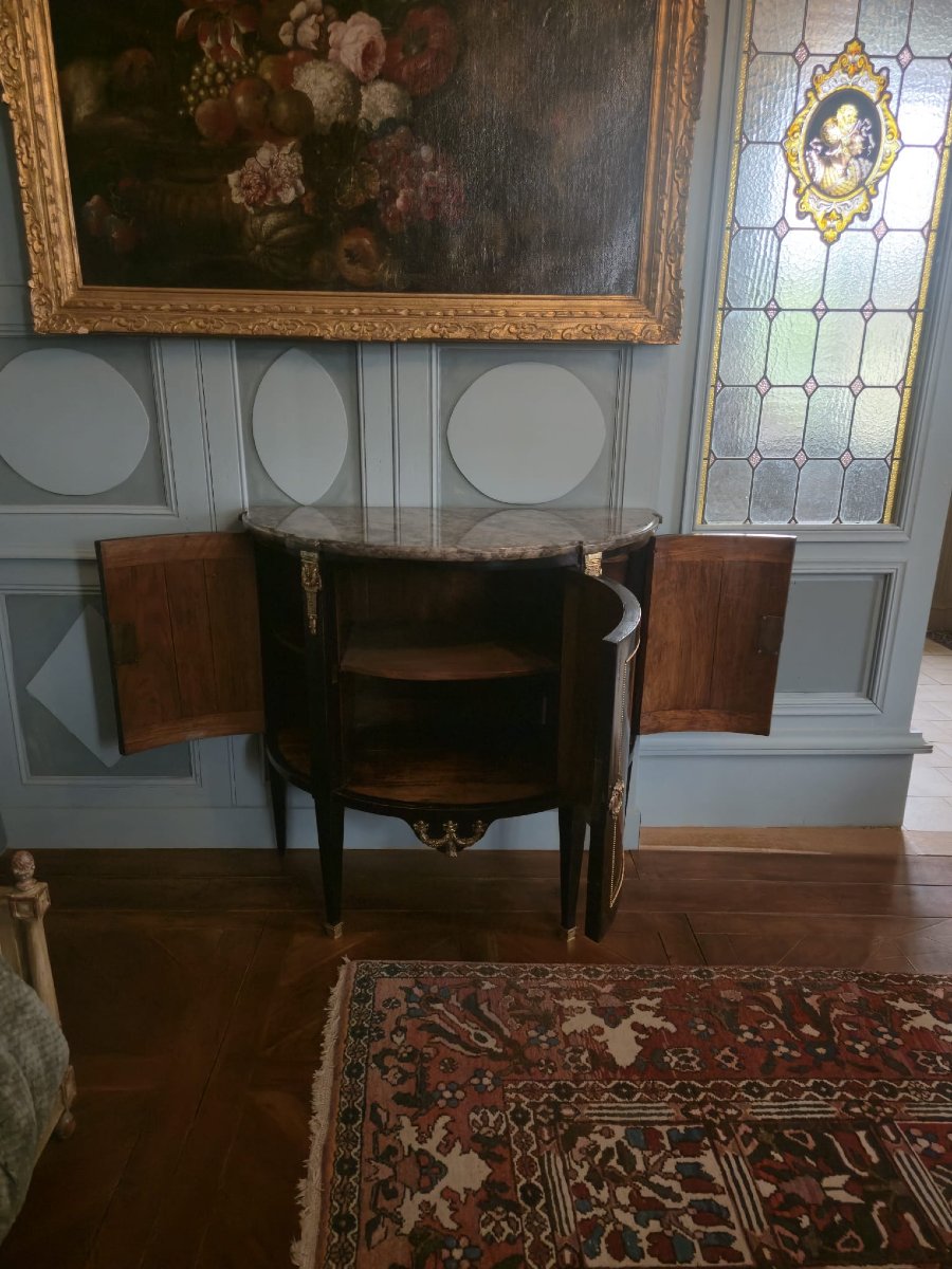 Commode d'entre-deux Louis XVI en vernis noir chinoisant, estampille apocryphe Popsel.  -photo-5