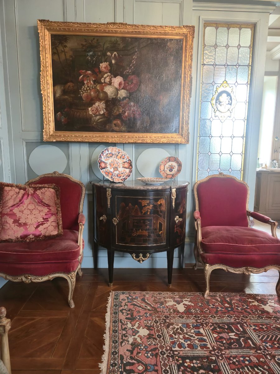 Commode d'entre-deux Louis XVI en vernis noir chinoisant, estampille apocryphe Popsel.  -photo-8